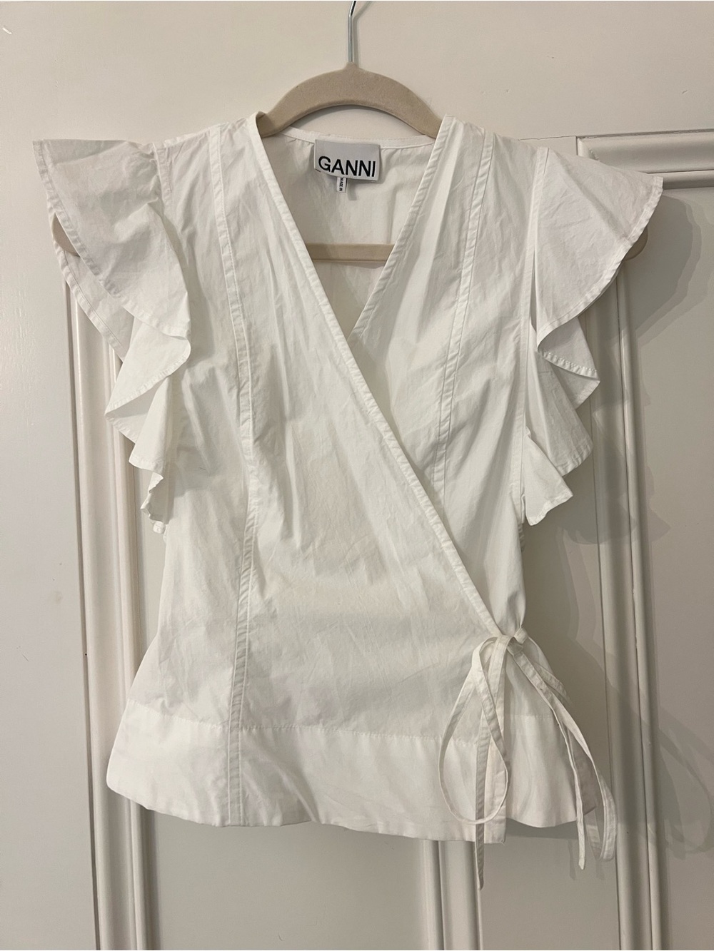 Ganni White Wrap Tie Blouse with Ruffle Sleeves